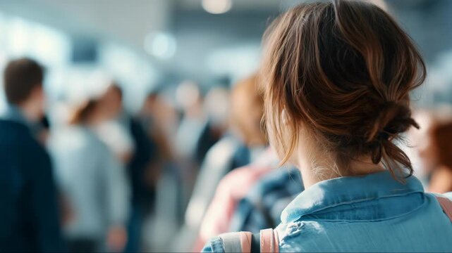 Woman standing in airport passport control line travel security video footage