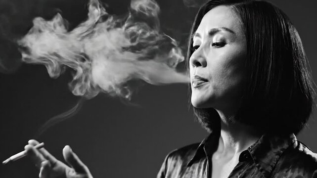 Monochrome portrait of elegant asian woman smoking cigarette with a dark background and smoke
