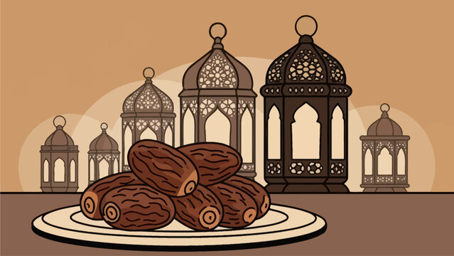 A pile of sweet dried dates fruits sits on a plate with traditional Islamic lanterns silhouette background for Ramadan Iftar fasting concept