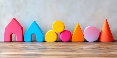 Colorful wooden geometric shapes — houses, spheres, triangles, cones — arranged on a wood surface against a light wall. Created in clean, playful 3D style. Ideal for education blogs, parenting sites, 