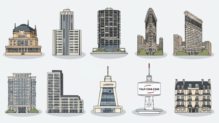 Fototapeta premium Collection of Diverse Architectural Building Styles and Designs.