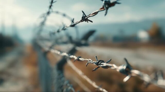 Barbed wire fence at border security zone video footage