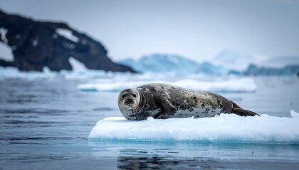 Fototapeta premium Grey seal on a small, icy berg in open waters, with a jagged, dark coastline in the distance