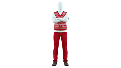 Mannequin wearing a red Fair Isle knit vest over a white t-shirt and red pants