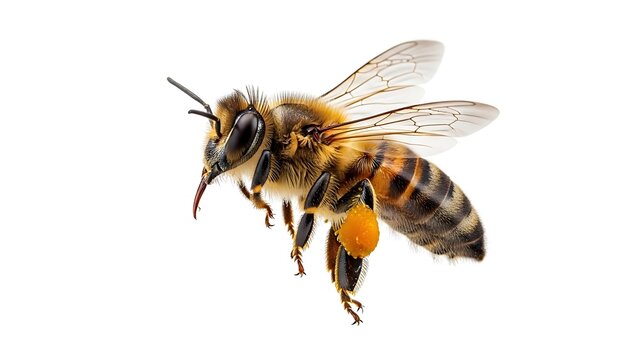 Bee Flying with Pollen on White Background.