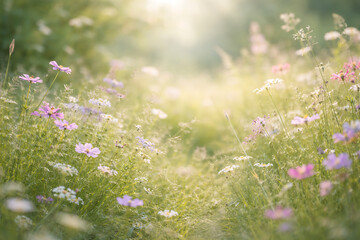 Soft Blooming Wildflower Meadow with Pastel Flowers and Gentle Sunlight Background