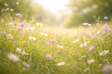 Soft Spring Wildflower Meadow with Pastel Flowers and Warm Sunlight Background
