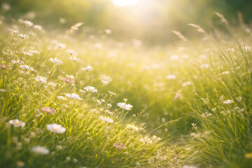 Sunlit Wildflower Meadow with Soft Grass and Warm Golden Sunlight Background