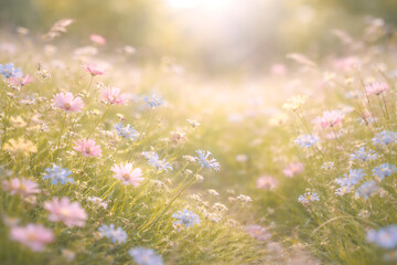 Colorful Spring Wildflower Meadow with Soft Sunlight and Dreamy Background
