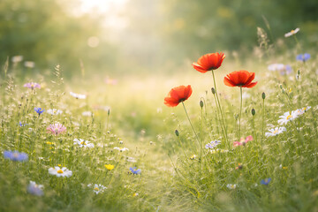 Wildflower Meadow with Red Poppies and Blue Flowers in Warm Sunlight