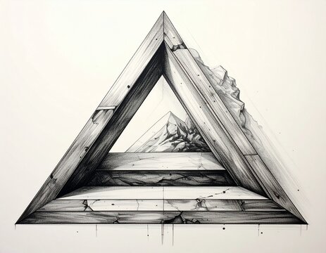 Intricate Pen and Ink Drawing of an Impossible Triangular Structure with Mountainous Interior.