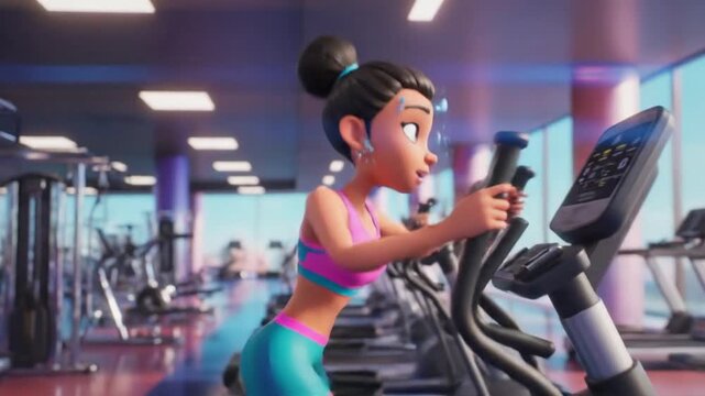 Animated Woman Exercising on Elliptical Machine in Gym
