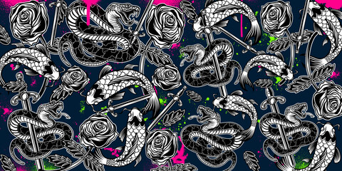 Intricate dark blue pattern featuring black and white snakes, koi fish, and roses with neon pink and green splashes, in a detailed graphic design style.