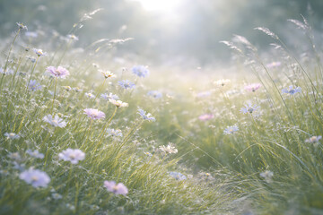 Soft Wildflower Meadow with Gentle Sunlight and Fresh Green Grass Background