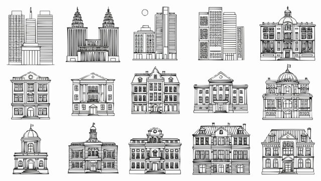 Collection of architectural building illustrations in sketch style.