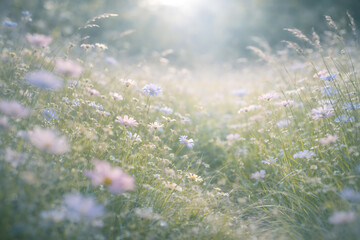 Soft Wildflower Meadow with Gentle Sunlight and Dreamy Bokeh Background