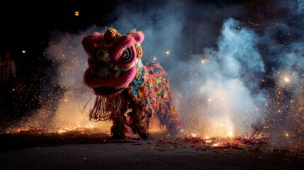 Chinese traditional lunar new year Spring Festival celebration in Asia. A vibrant Chinese New Year celebration, with a lion dance in the foreground.