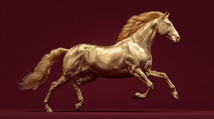 Chinese traditional lunar new year Spring Festival celebration in Asia. A majestic golden horse galloping against a deep red background, its mane and tail flowing gracefully. Its coat is a rich.