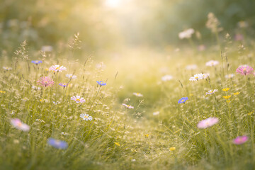 Soft Spring Meadow with Wildflowers and Warm Sunlight Background