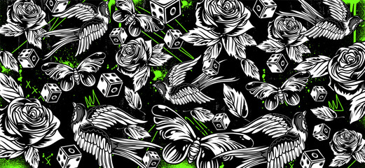 Intricate black and white pattern featuring roses, flying birds, butterflies, and dice with vibrant neon green accents on a dark background, creating a gothic and edgy design.