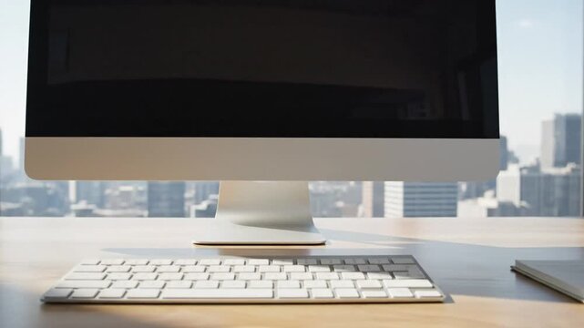 Modern office setup with computer, keyboard, and city view background creates professional workspace