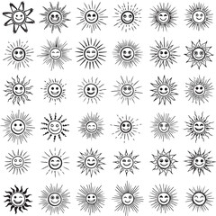 Collection of various handdrawn smiling sun illustrations isolated on transparent background