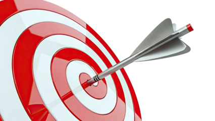 Arrow hitting the bullseye of a red and white target