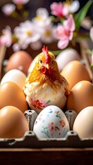 Easter arrangement with a decorative hen surrounded by eggs in a cardboard egg carton with floral accents
