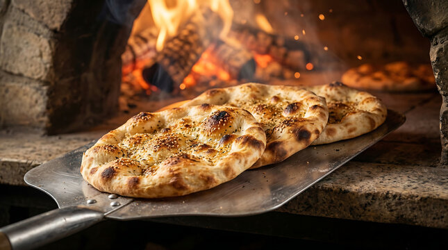 Freshly baked Turkish pide bread, Homemade flatbread in stone oven, Traditional sesame bread with wood fire