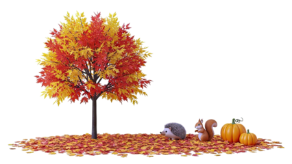 Autumn Scene with Tree, Animals, and Pumpkins