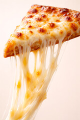 Cheesy Pizza Slice with Melted Cheese Pull on White Background