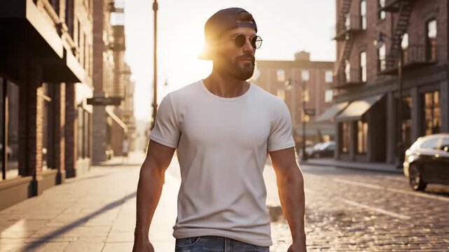 Stylish Man Walks Down City Street During Golden Hour Showing Urban Lifestyle