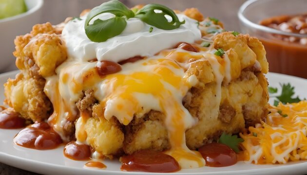 cheesy mexican tater tot casserole on a plate with red enchilada sauce and sour cream