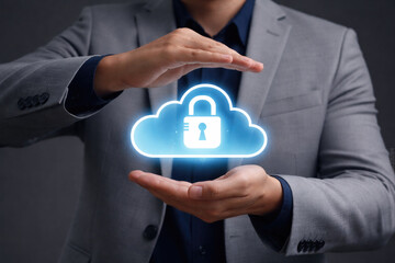 Businessman protecting glowing cloud lock symbolizing cloud security data privacy online storage protection and digital infrastructure technology concept