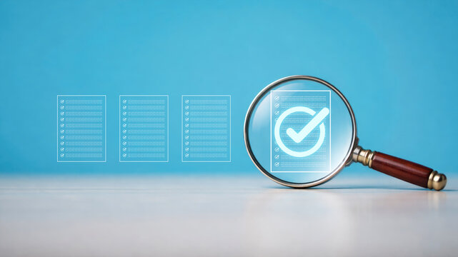Magnifying glass inspecting digital verification checkmark icons representing document validation data review quality control and compliance technology concept