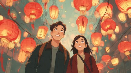Chinese traditional lunar new year Spring Festival celebration in Asia. A man and woman standing in front of a vibrant backdrop of red Chinese lanterns.