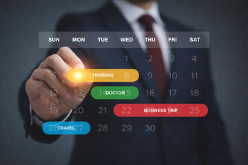 Businessman interacting with digital calendar interface showing schedule planning time management appointments and productivity organization concept