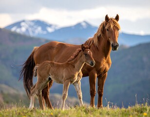 Obraz premium A mare and foal stand side-by-side, bathed in sunlight against a backdrop of mountainous terrain and a cloudy sky