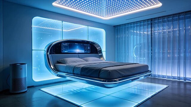 Futuristic bedroom with illuminated bed