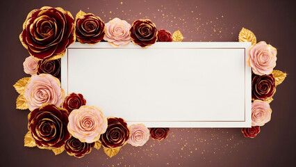 Vintage floral greeting card design featuring a frame of pink and red roses with green leaves for a romantic wedding or Valentine day background, and Empty Circular Frame for Text