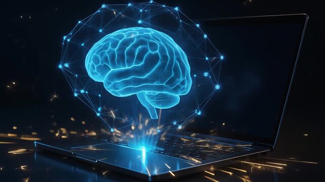 Artificial intelligence brain hologram neural network glow laptop digital technology data sparks futuristic blue glow cyber