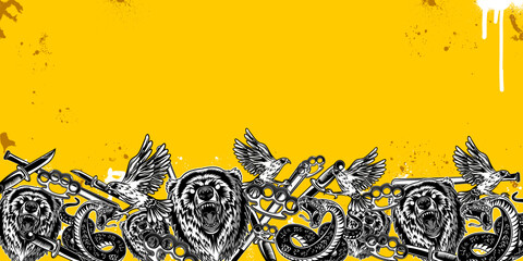 Intricate black and white illustration of mythical creatures and weapons on a vibrant yellow grunge background, featuring serpents, birds, and ornate decorative graffiti background style