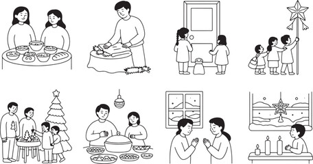 Obraz premium Family gathering celebration set, traditional lifestyle in outline design on transparent background