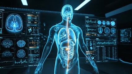Human body anatomy visualization in a futuristic medical laboratory environment from a frontal viewpoint - Powered by Adobe