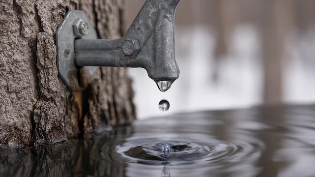 Maple Sap Drops From Spigot Into Container on Tree in Winter