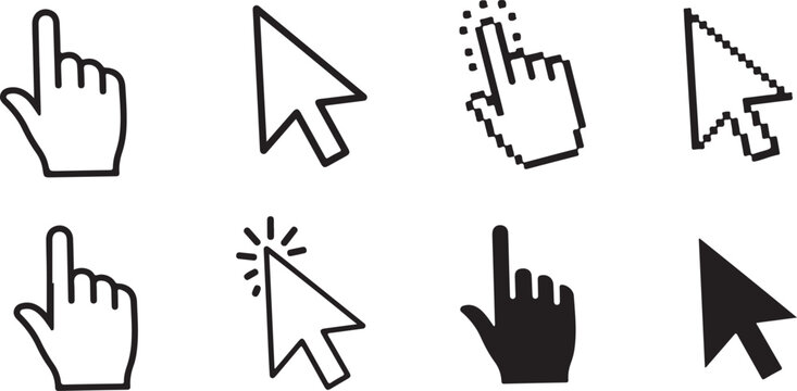 Black and white computer mouse cursor with hand pointers