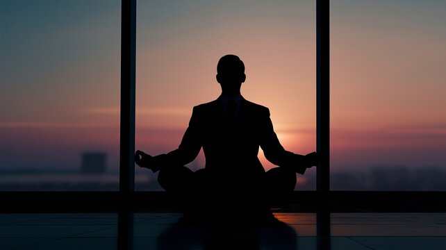 A calm businessman in a suit practicing meditation in a office, symbolizing mindfulness, stress management, and work-life balance. - Powered by Adobe