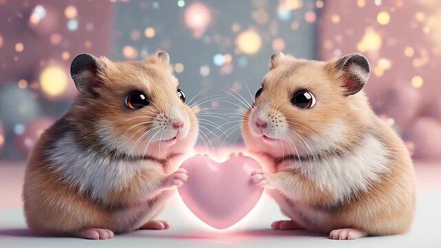 Two Hamsters Holding a Heart - A digitally created video shows two golden hamsters standing side-by-side holding a glowing pink heart shape.