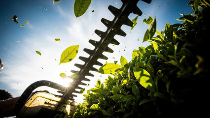 Hedge Trimmer Cutting Green Bush in Sunlight with Flying Leaves