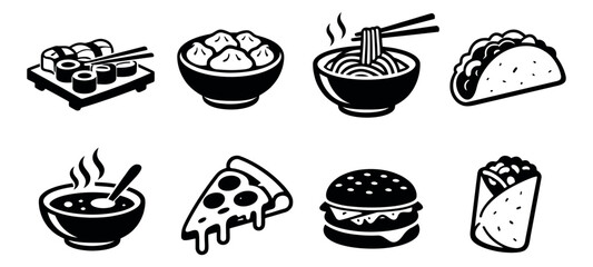 Hand drawn line art food icons set featuring various international dishes for restaurant menus and food apps